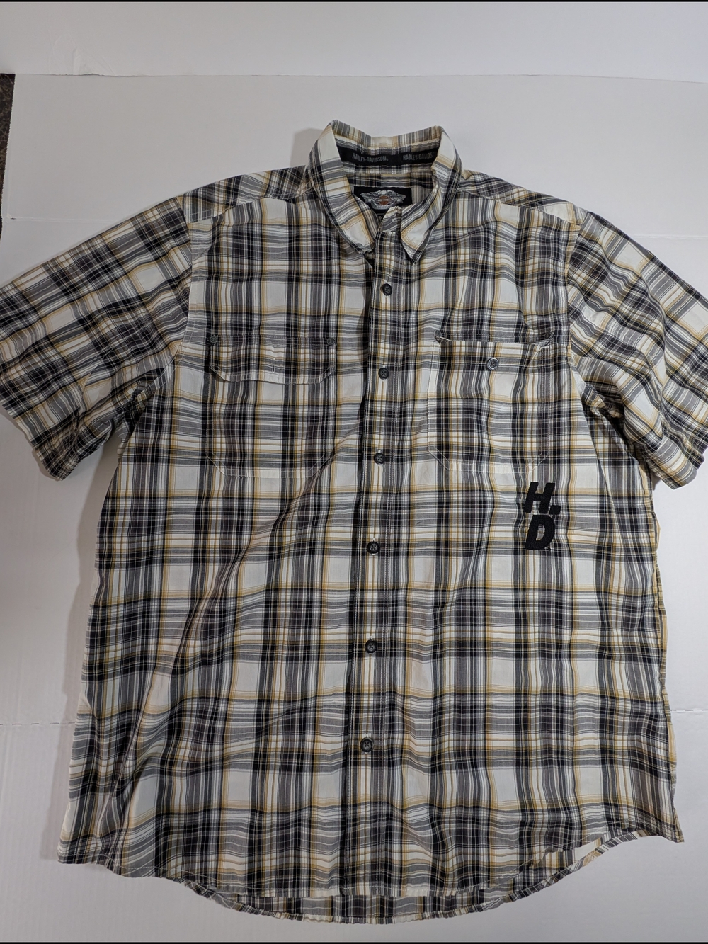 Harley-Davidson Men’s Short Sleeve Plaid Button-Down Shirt - White/Black